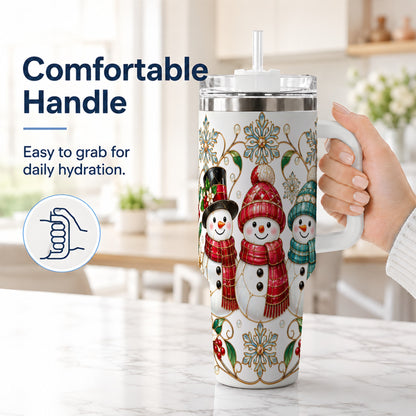 #pl[40oz|White] Stained Glass Snowman 40oz Tumbler with Handle, Christmas Winter Drinkware