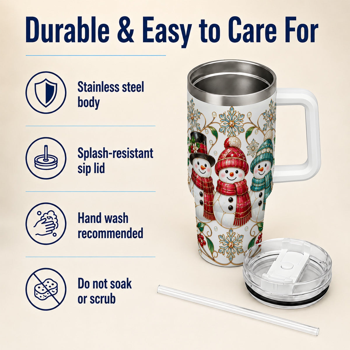 #pl[40oz|White] Stained Glass Snowman 40oz Tumbler with Handle, Christmas Winter Drinkware