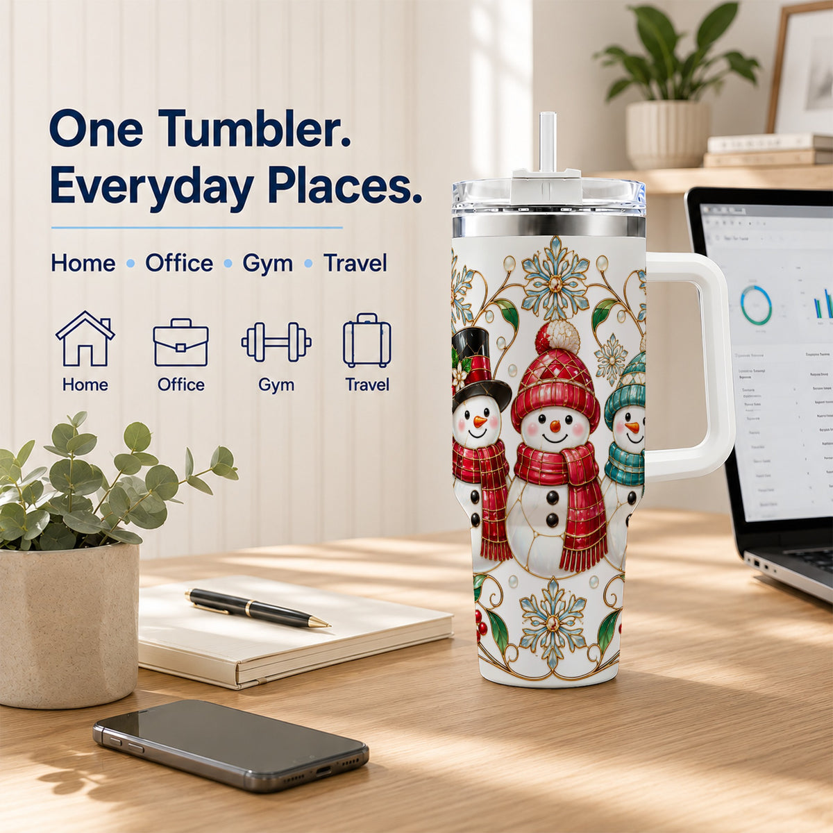 #pl[40oz|White] Stained Glass Snowman 40oz Tumbler with Handle, Christmas Winter Drinkware
