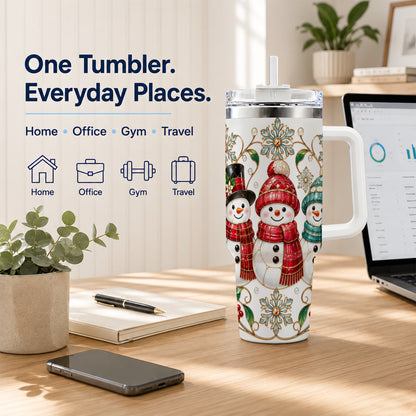 #pl[40oz|White] Stained Glass Snowman 40oz Tumbler with Handle, Christmas Winter Drinkware
