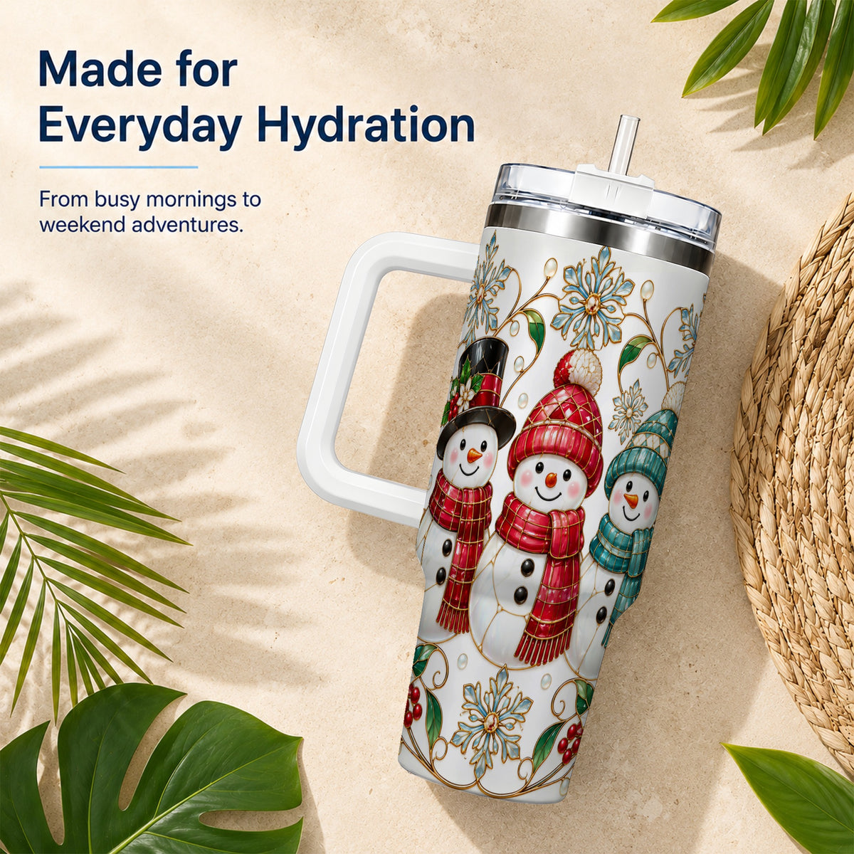 #pl[40oz|White] Stained Glass Snowman 40oz Tumbler with Handle, Christmas Winter Drinkware