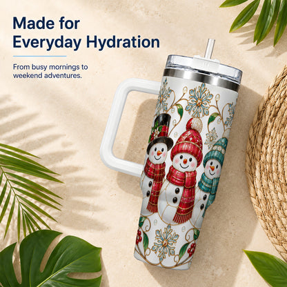 #pl[40oz|White] Stained Glass Snowman 40oz Tumbler with Handle, Christmas Winter Drinkware