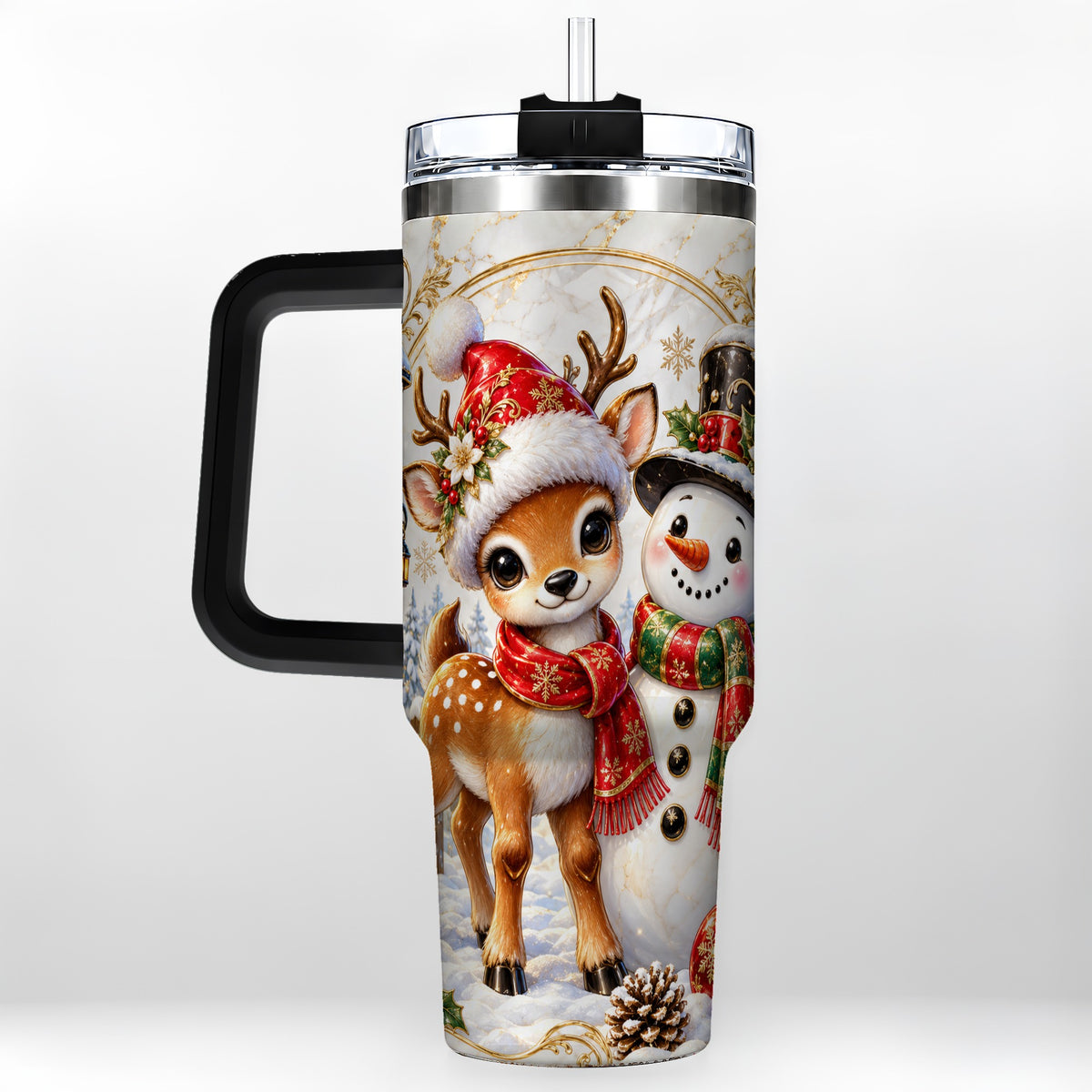 #pl[40oz|Black] Reindeer Snowman 40oz Tumbler with Handle, Christmas Winter Drinkware
