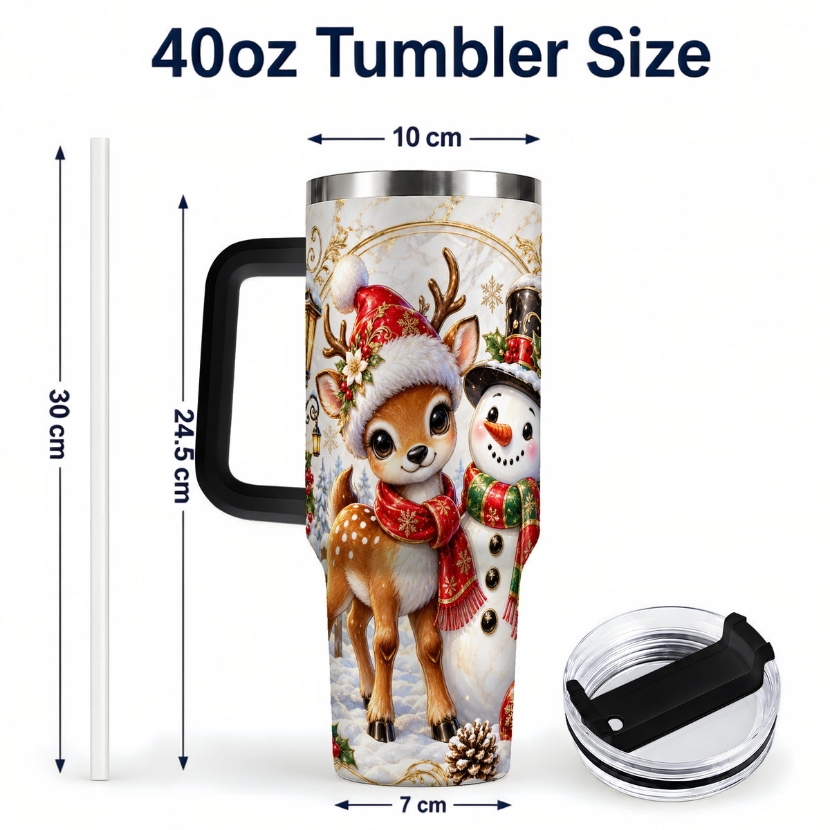 #pl[40oz|Black] Reindeer Snowman 40oz Tumbler with Handle, Christmas Winter Drinkware