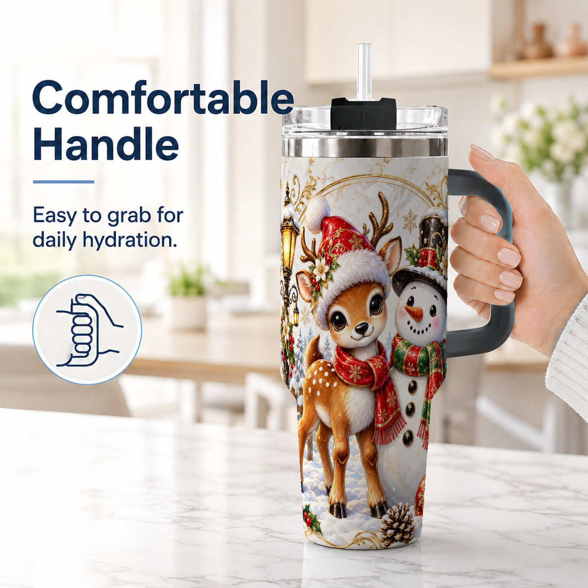 #pl[40oz|Black] Reindeer Snowman 40oz Tumbler with Handle, Christmas Winter Drinkware