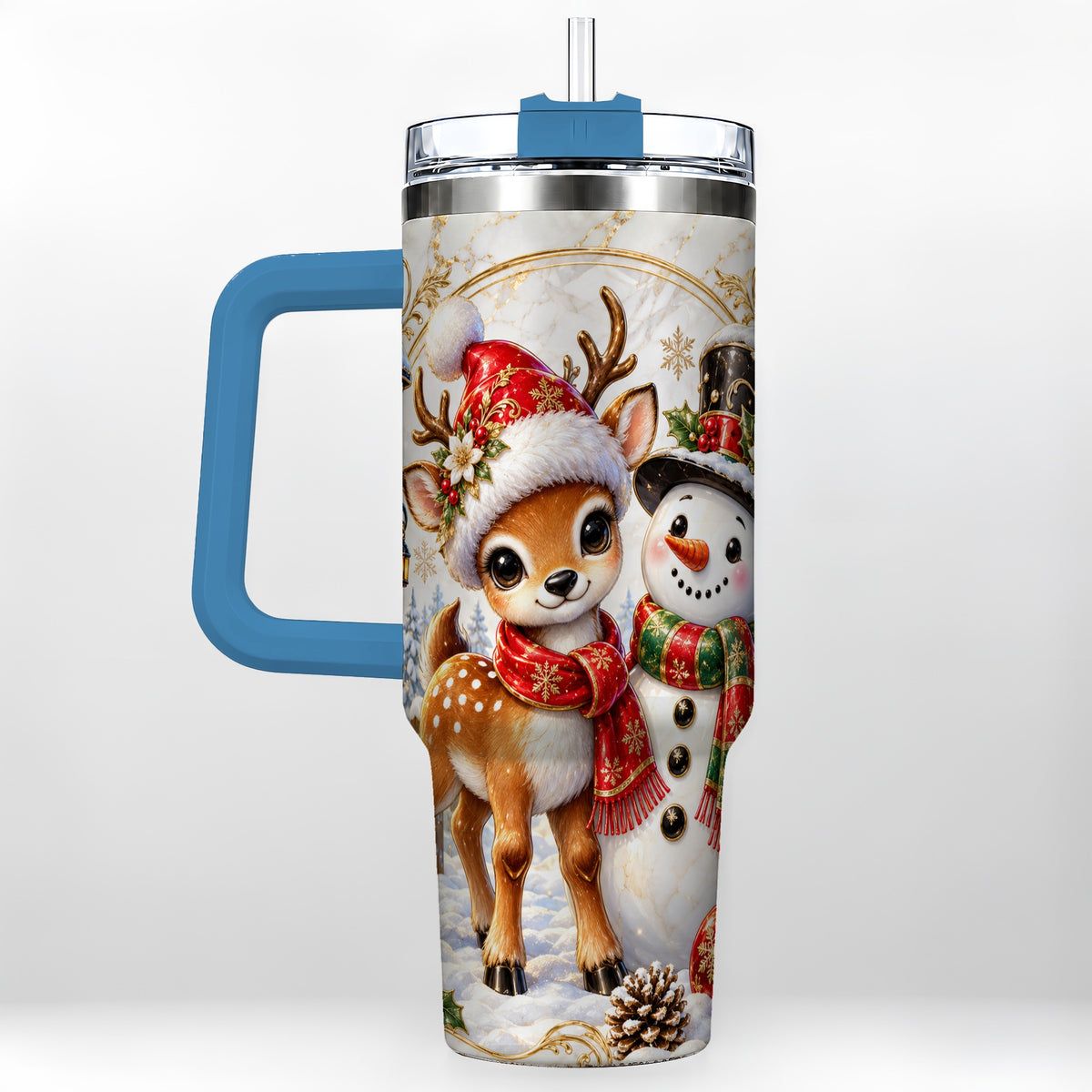 #pl[40oz|Blue] Reindeer Snowman 40oz Tumbler with Handle, Christmas Winter Drinkware