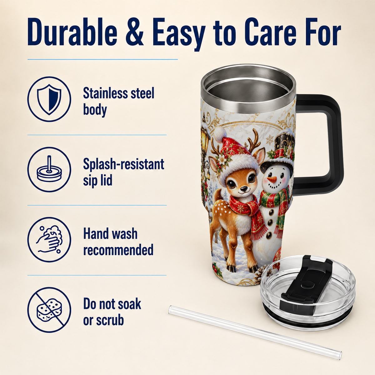 #pl[40oz|Black] Reindeer Snowman 40oz Tumbler with Handle, Christmas Winter Drinkware