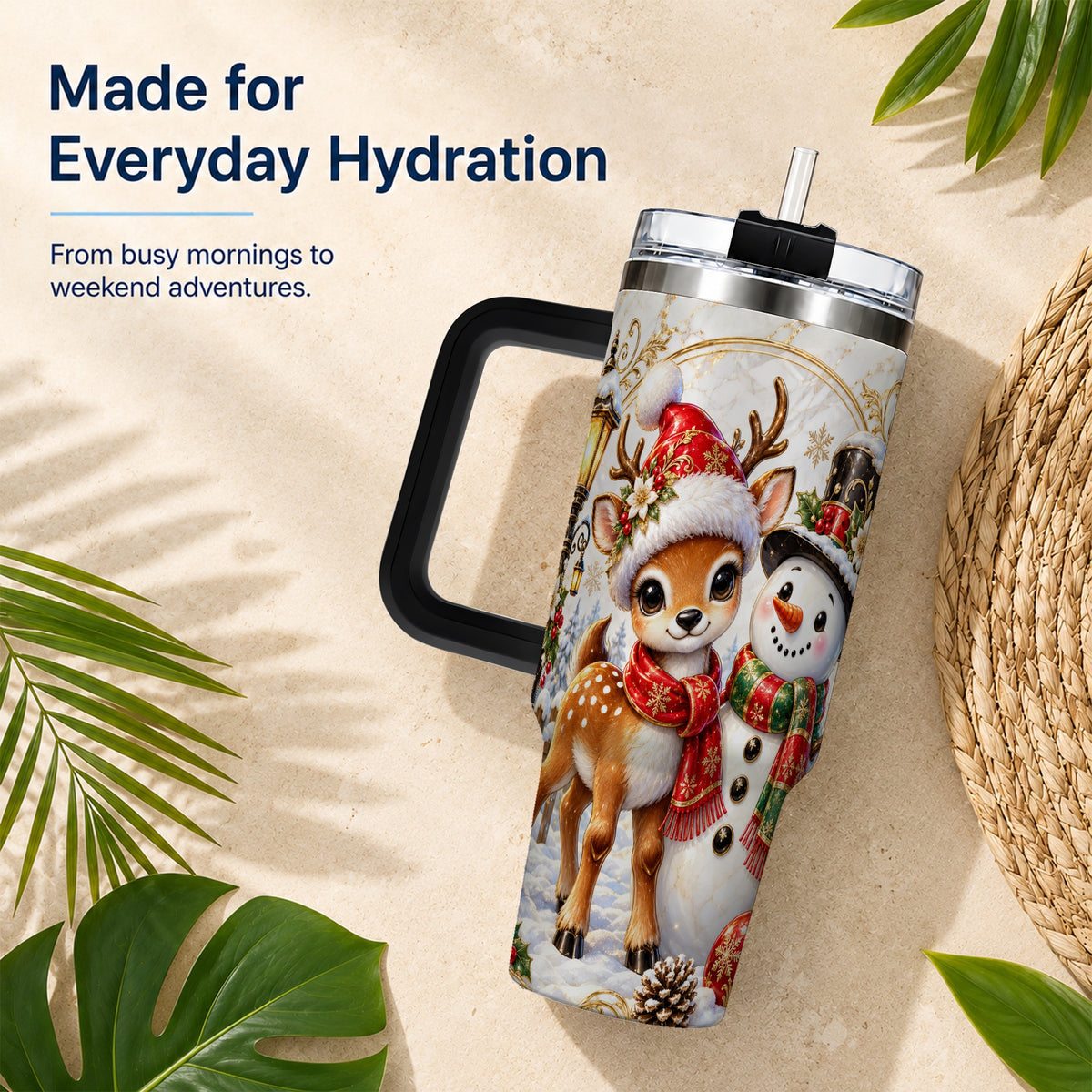 #pl[40oz|Black] Reindeer Snowman 40oz Tumbler with Handle, Christmas Winter Drinkware