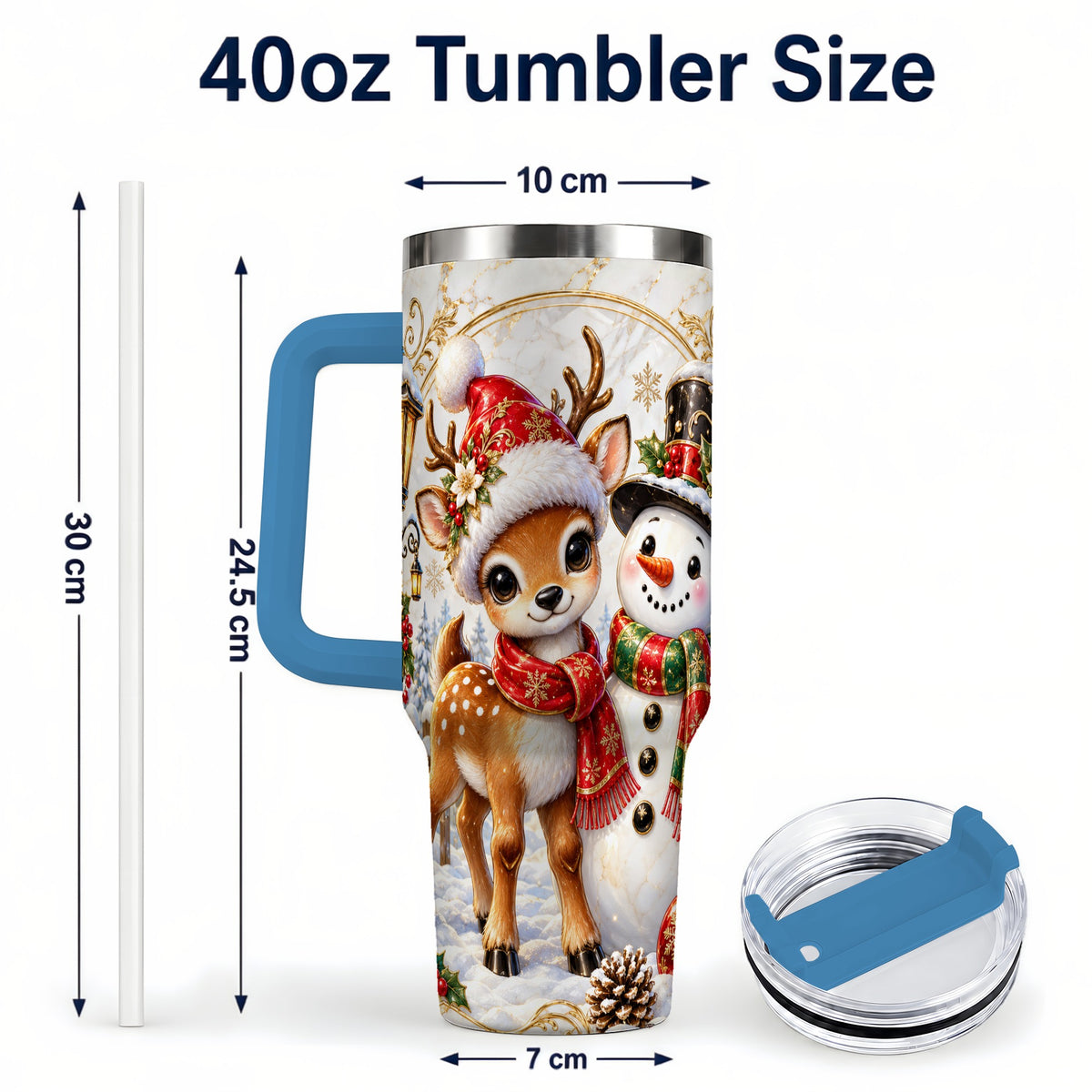#pl[40oz|Blue] Reindeer Snowman 40oz Tumbler with Handle, Christmas Winter Drinkware