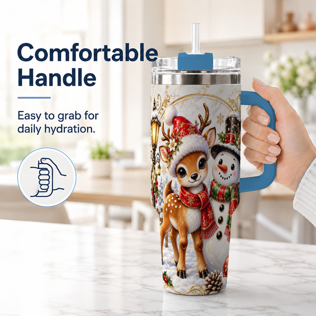 #pl[40oz|Blue] Reindeer Snowman 40oz Tumbler with Handle, Christmas Winter Drinkware