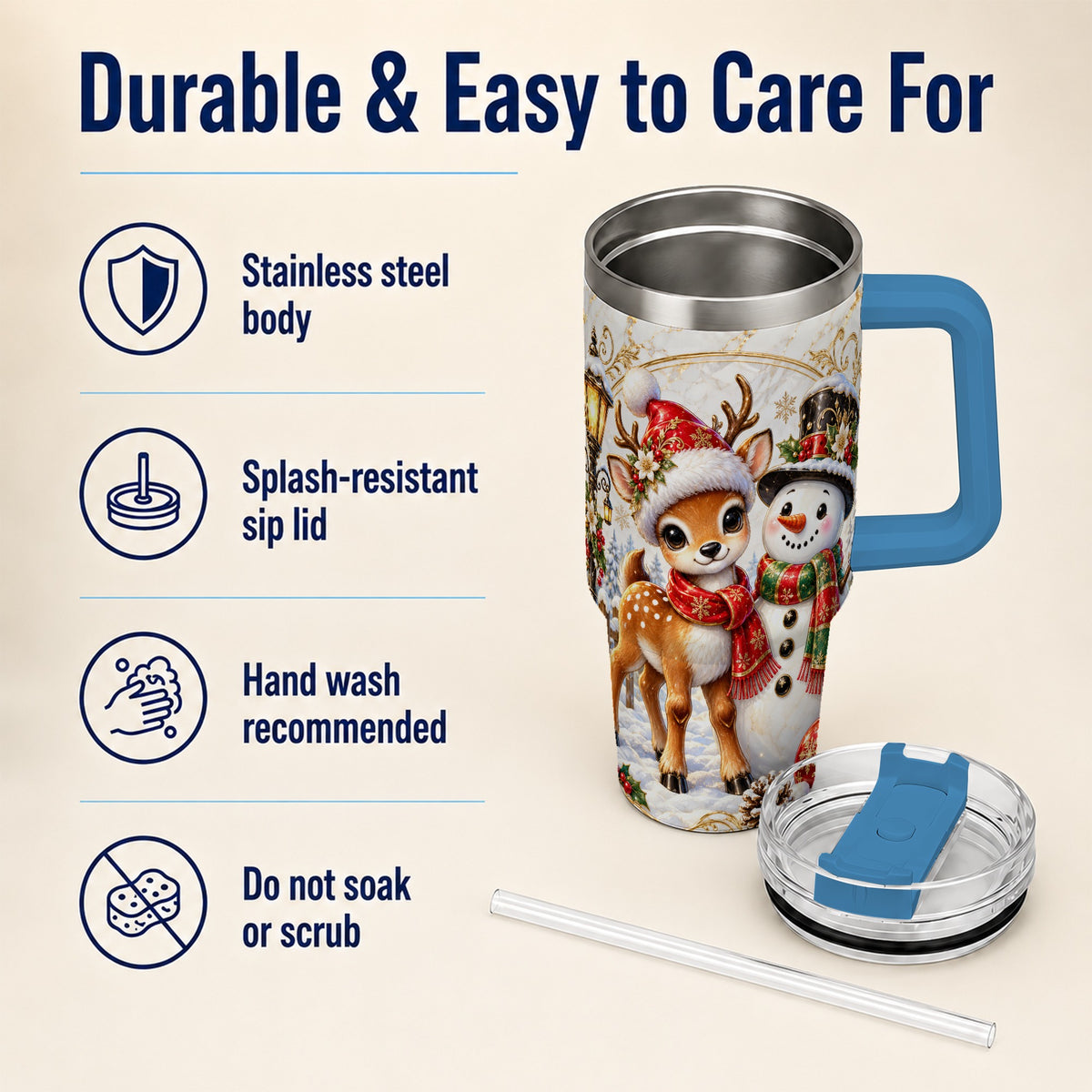 #pl[40oz|Blue] Reindeer Snowman 40oz Tumbler with Handle, Christmas Winter Drinkware