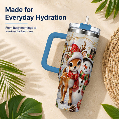 #pl[40oz|Blue] Reindeer Snowman 40oz Tumbler with Handle, Christmas Winter Drinkware