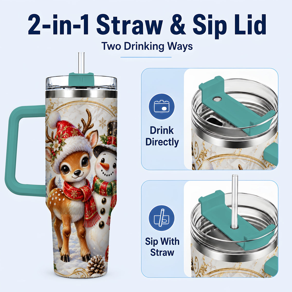 #pl[40oz|Green] Reindeer Snowman 40oz Tumbler with Handle, Christmas Winter Drinkware