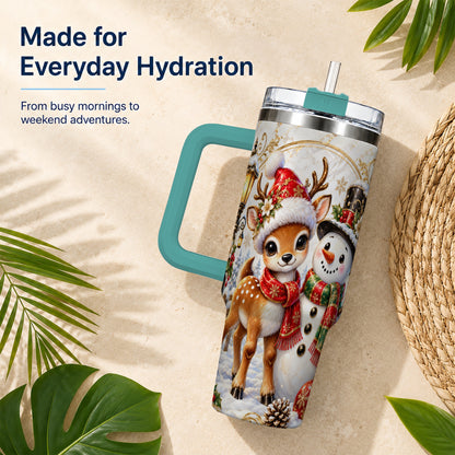 #pl[40oz|Green] Reindeer Snowman 40oz Tumbler with Handle, Christmas Winter Drinkware
