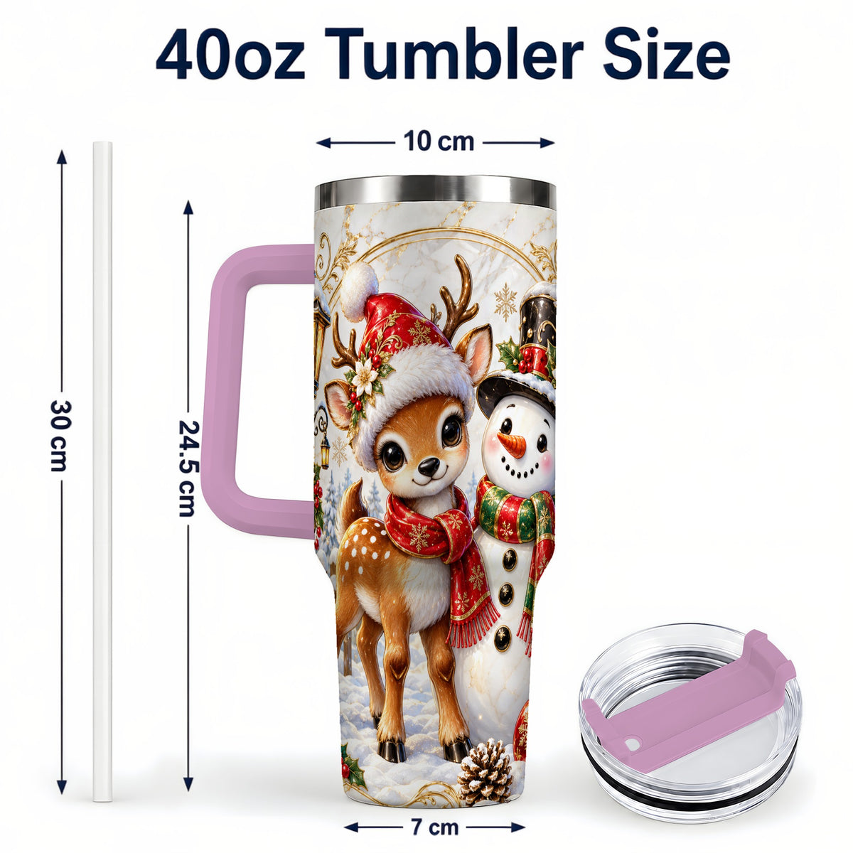 #pl[40oz|Pink] Reindeer Snowman 40oz Tumbler with Handle, Christmas Winter Drinkware