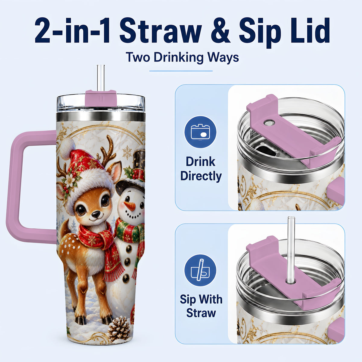 #pl[40oz|Pink] Reindeer Snowman 40oz Tumbler with Handle, Christmas Winter Drinkware