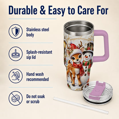 #pl[40oz|Pink] Reindeer Snowman 40oz Tumbler with Handle, Christmas Winter Drinkware