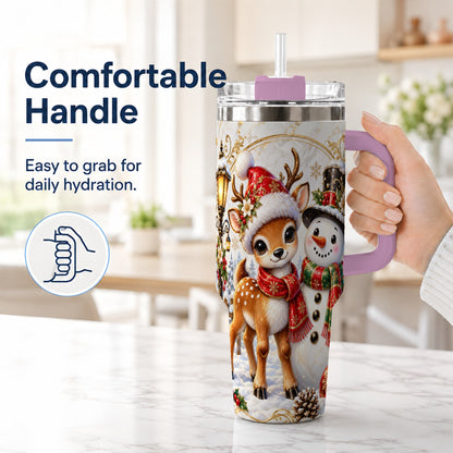 #pl[40oz|Pink] Reindeer Snowman 40oz Tumbler with Handle, Christmas Winter Drinkware