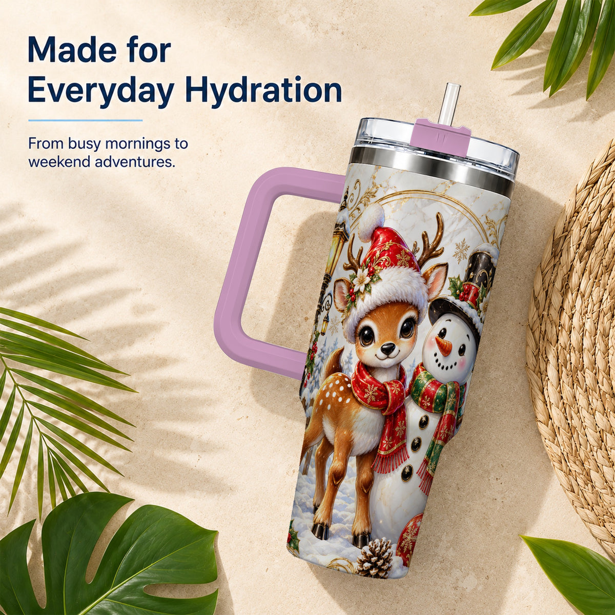 #pl[40oz|Pink] Reindeer Snowman 40oz Tumbler with Handle, Christmas Winter Drinkware