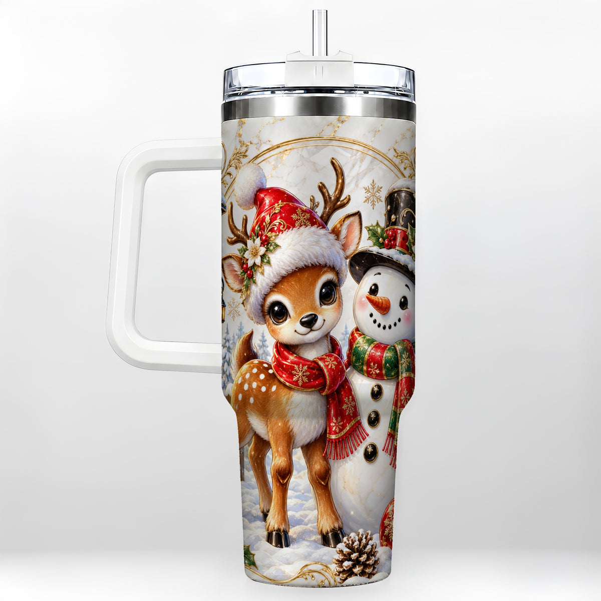 Reindeer Snowman 40oz Tumbler with Handle, Christmas Winter Drinkware