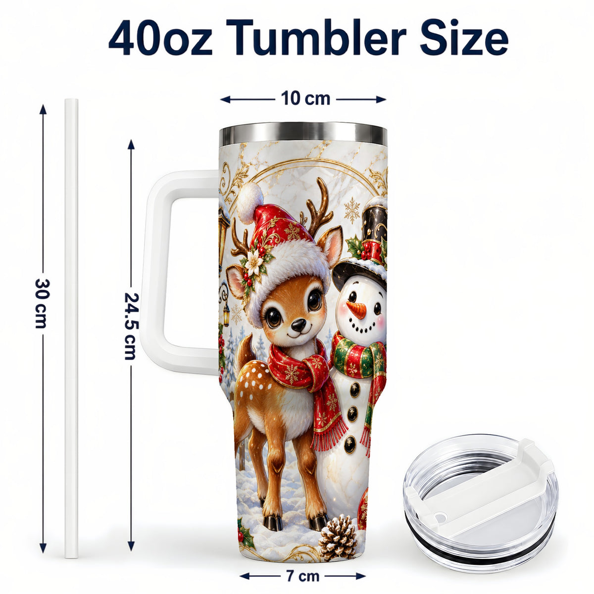 #pl[40oz|White] Reindeer Snowman 40oz Tumbler with Handle, Christmas Winter Drinkware