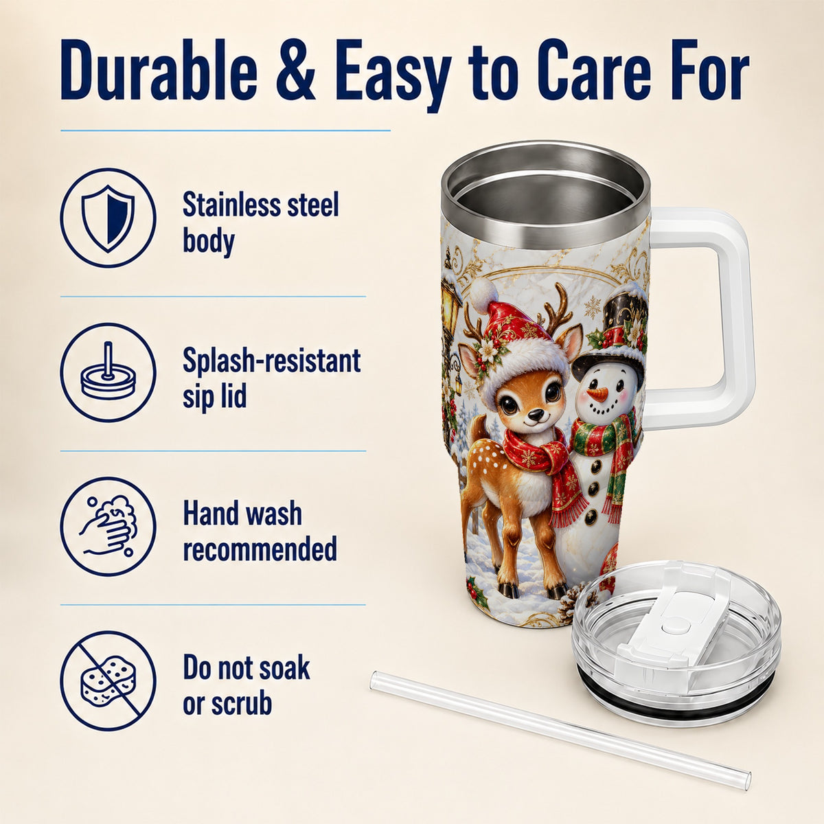 #pl[40oz|White] Reindeer Snowman 40oz Tumbler with Handle, Christmas Winter Drinkware