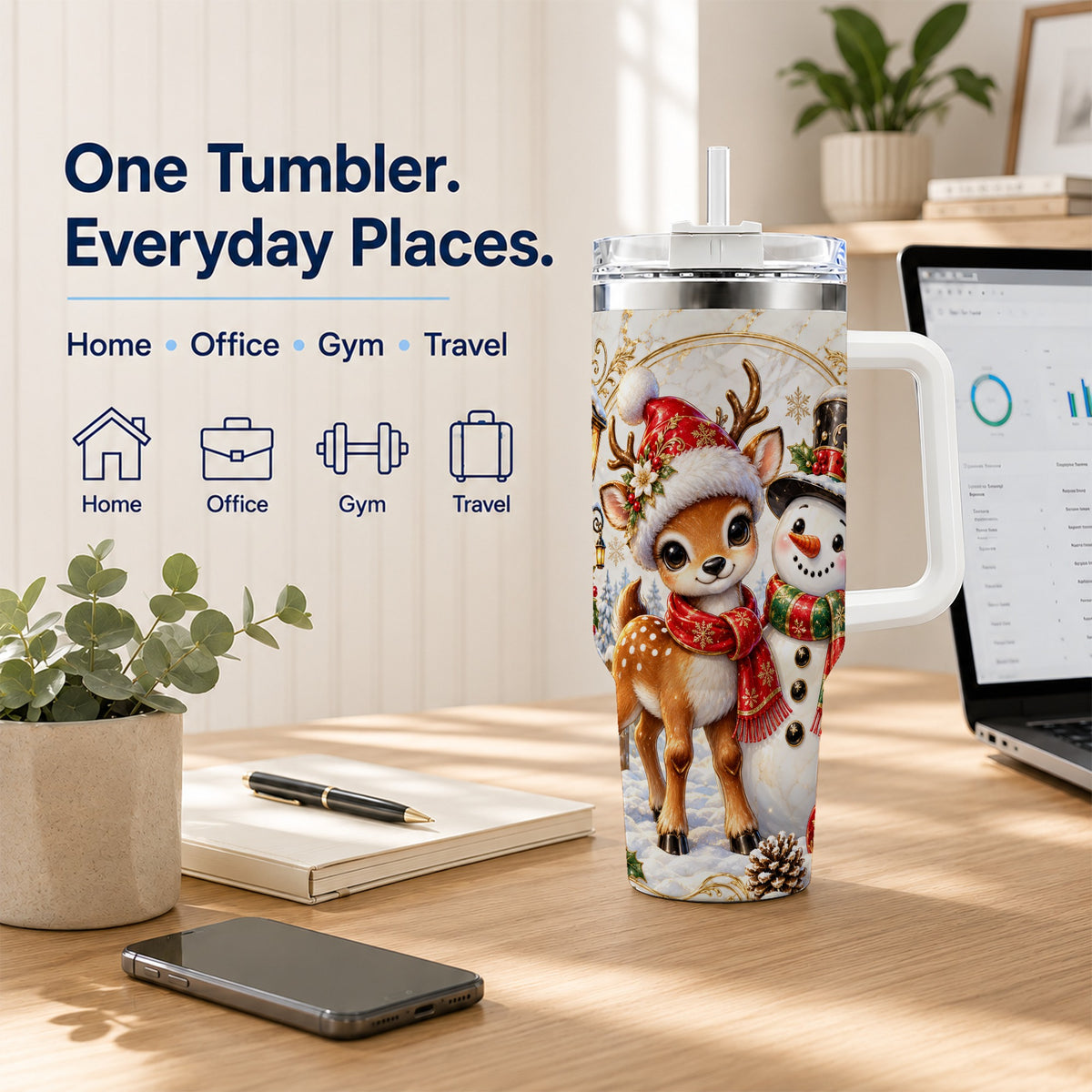 #pl[40oz|White] Reindeer Snowman 40oz Tumbler with Handle, Christmas Winter Drinkware