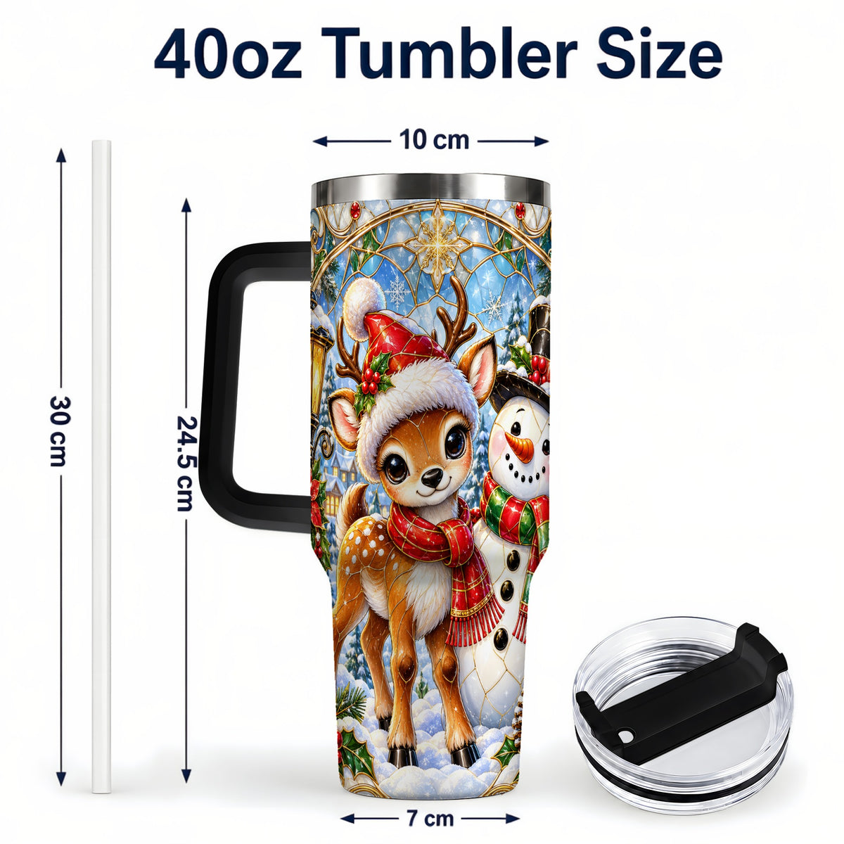 #pl[40oz|Black] Reindeer Snowman 40oz Tumbler with Handle, Winter Travel Cup