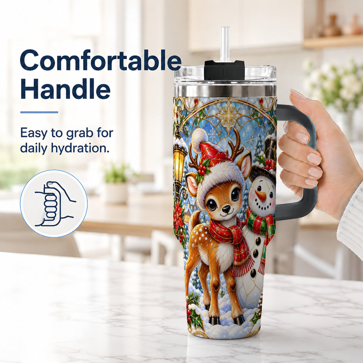 #pl[40oz|Black] Reindeer Snowman 40oz Tumbler with Handle, Winter Travel Cup