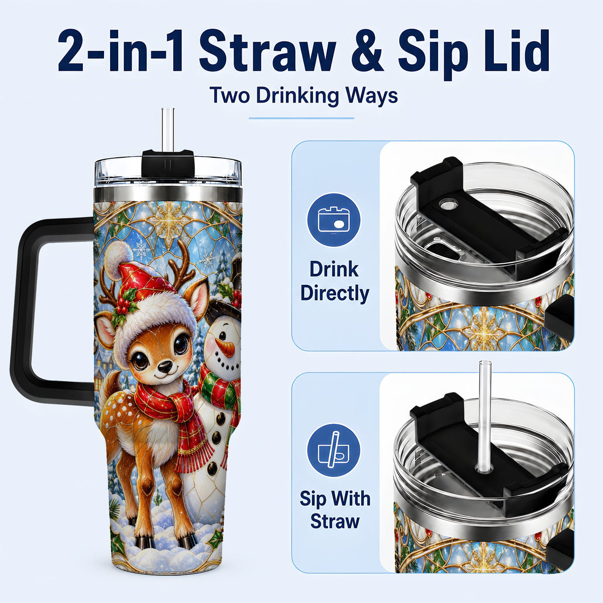 #pl[40oz|Black] Reindeer Snowman 40oz Tumbler with Handle, Winter Travel Cup