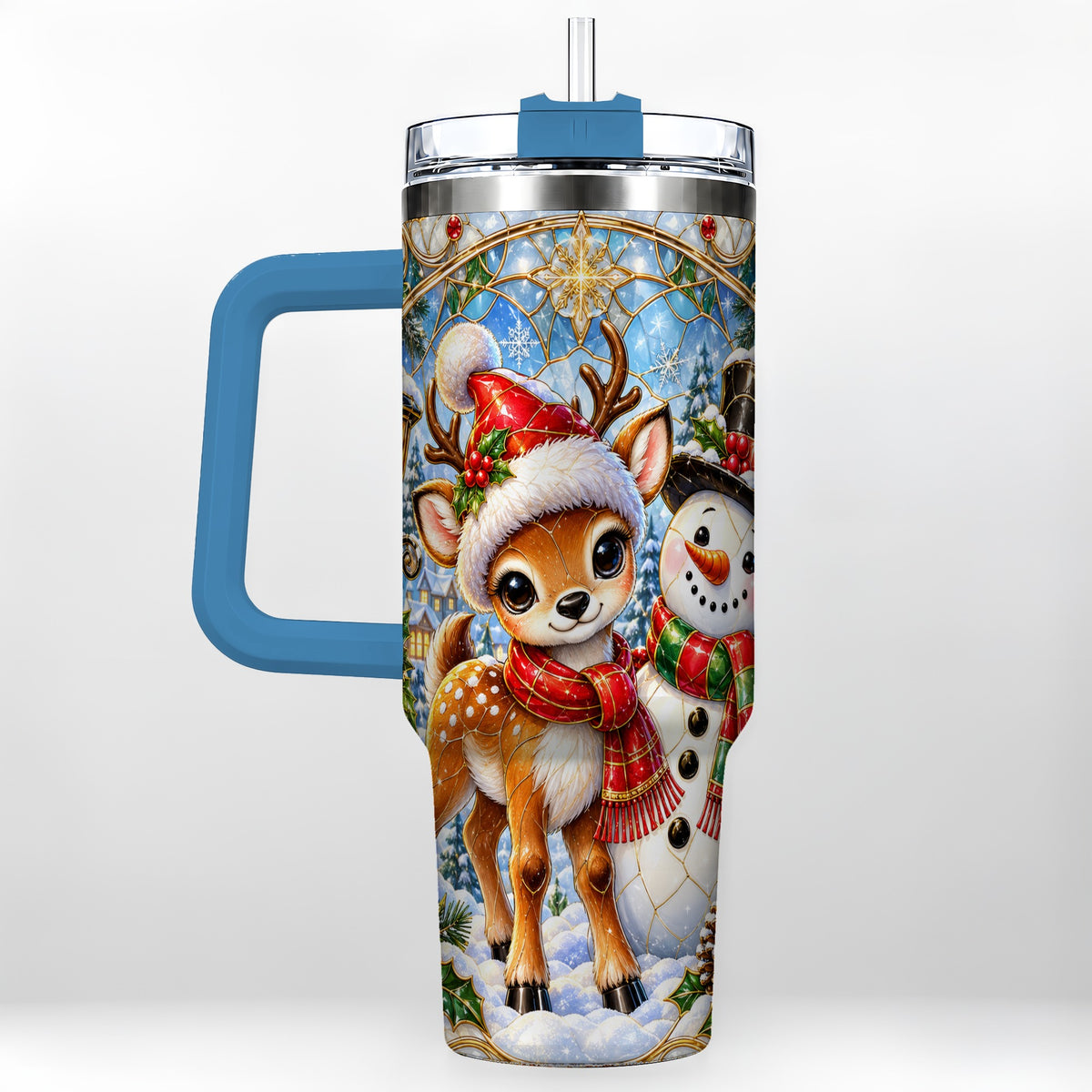 #pl[40oz|Blue] Reindeer Snowman 40oz Tumbler with Handle, Winter Travel Cup