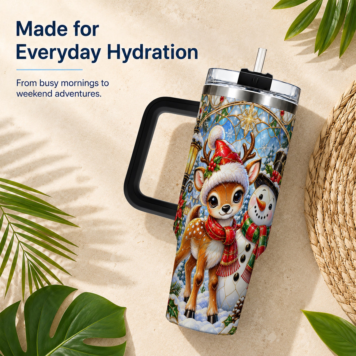 #pl[40oz|Black] Reindeer Snowman 40oz Tumbler with Handle, Winter Travel Cup