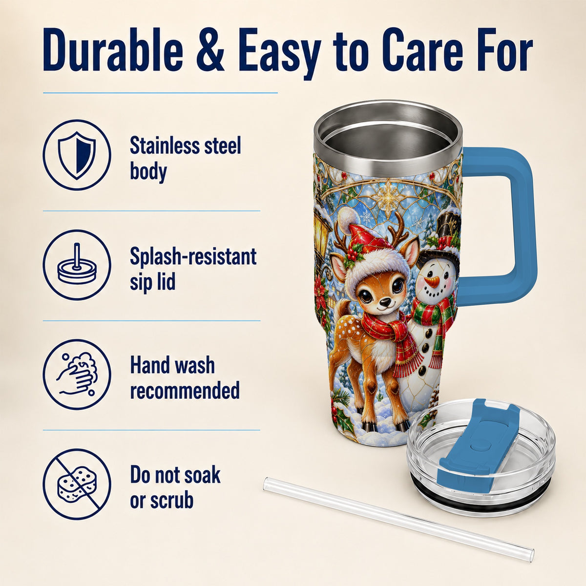 #pl[40oz|Blue] Reindeer Snowman 40oz Tumbler with Handle, Winter Travel Cup
