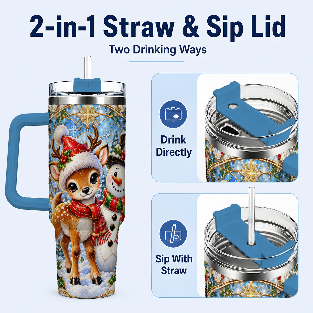 #pl[40oz|Blue] Reindeer Snowman 40oz Tumbler with Handle, Winter Travel Cup