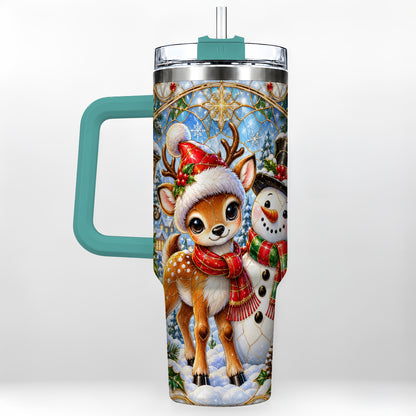#pl[40oz|Green] Reindeer Snowman 40oz Tumbler with Handle, Winter Travel Cup