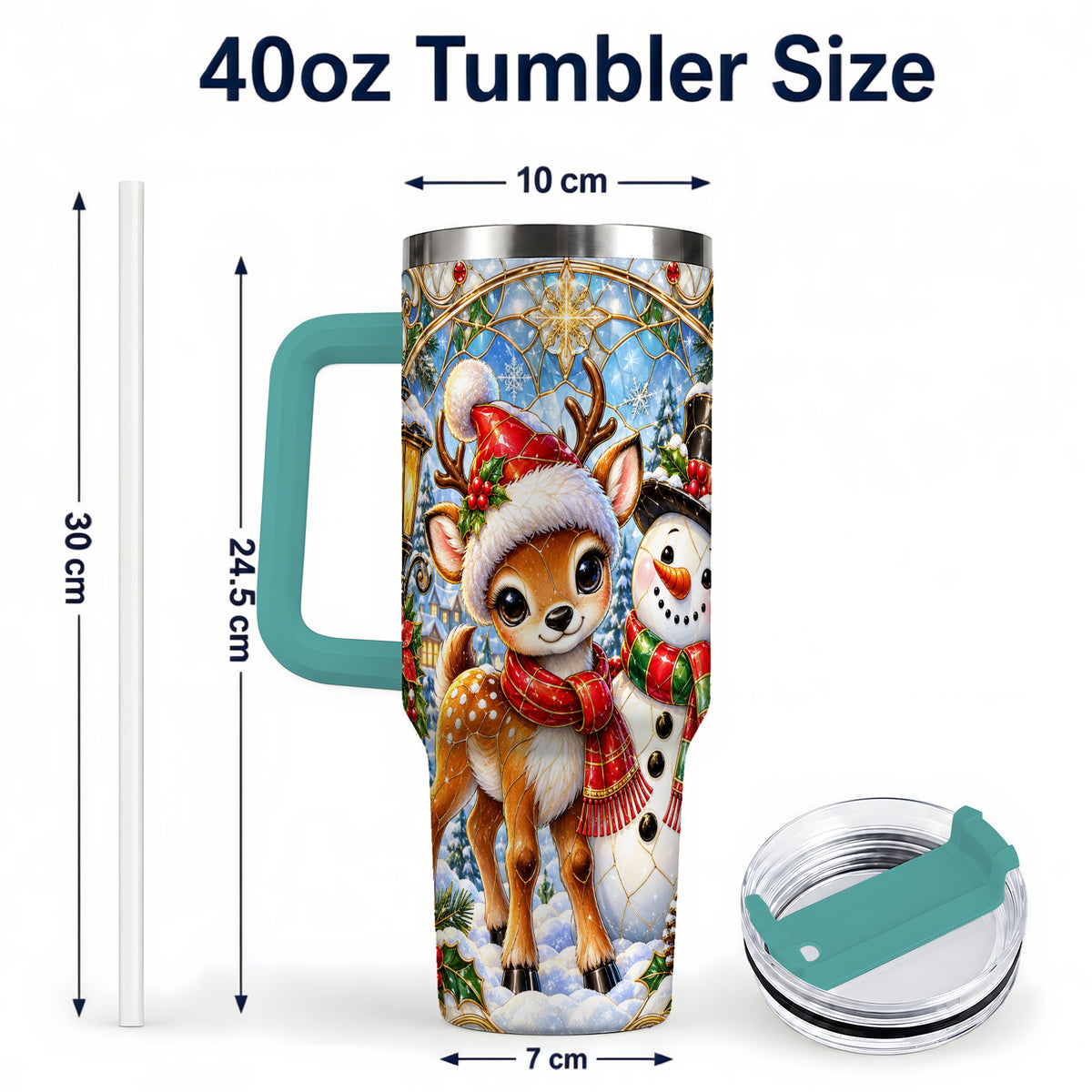 #pl[40oz|Green] Reindeer Snowman 40oz Tumbler with Handle, Winter Travel Cup