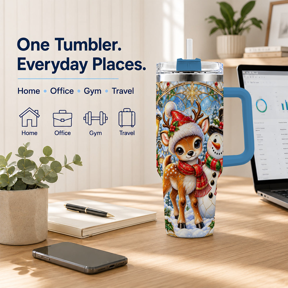 #pl[40oz|Blue] Reindeer Snowman 40oz Tumbler with Handle, Winter Travel Cup
