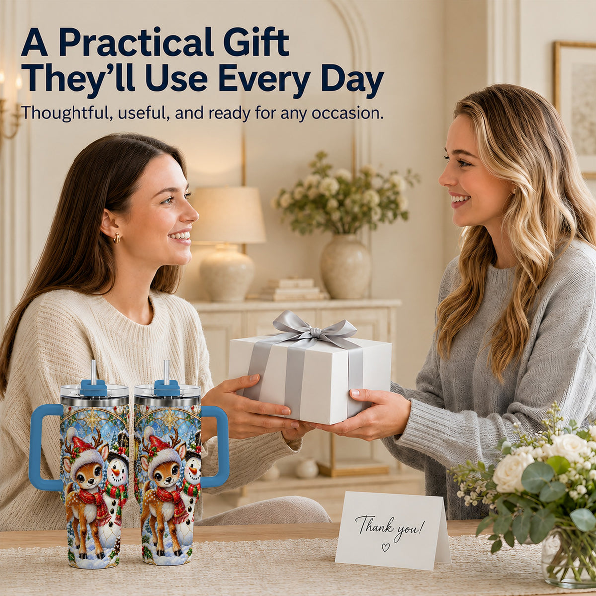 #pl[40oz|Blue] Reindeer Snowman 40oz Tumbler with Handle, Winter Travel Cup