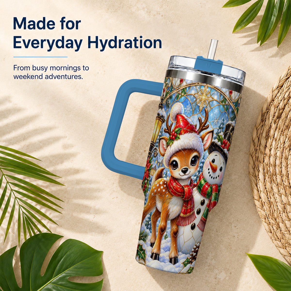#pl[40oz|Blue] Reindeer Snowman 40oz Tumbler with Handle, Winter Travel Cup