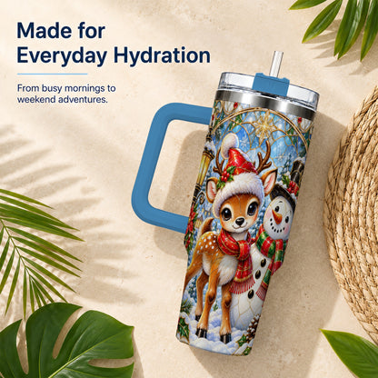 #pl[40oz|Blue] Reindeer Snowman 40oz Tumbler with Handle, Winter Travel Cup