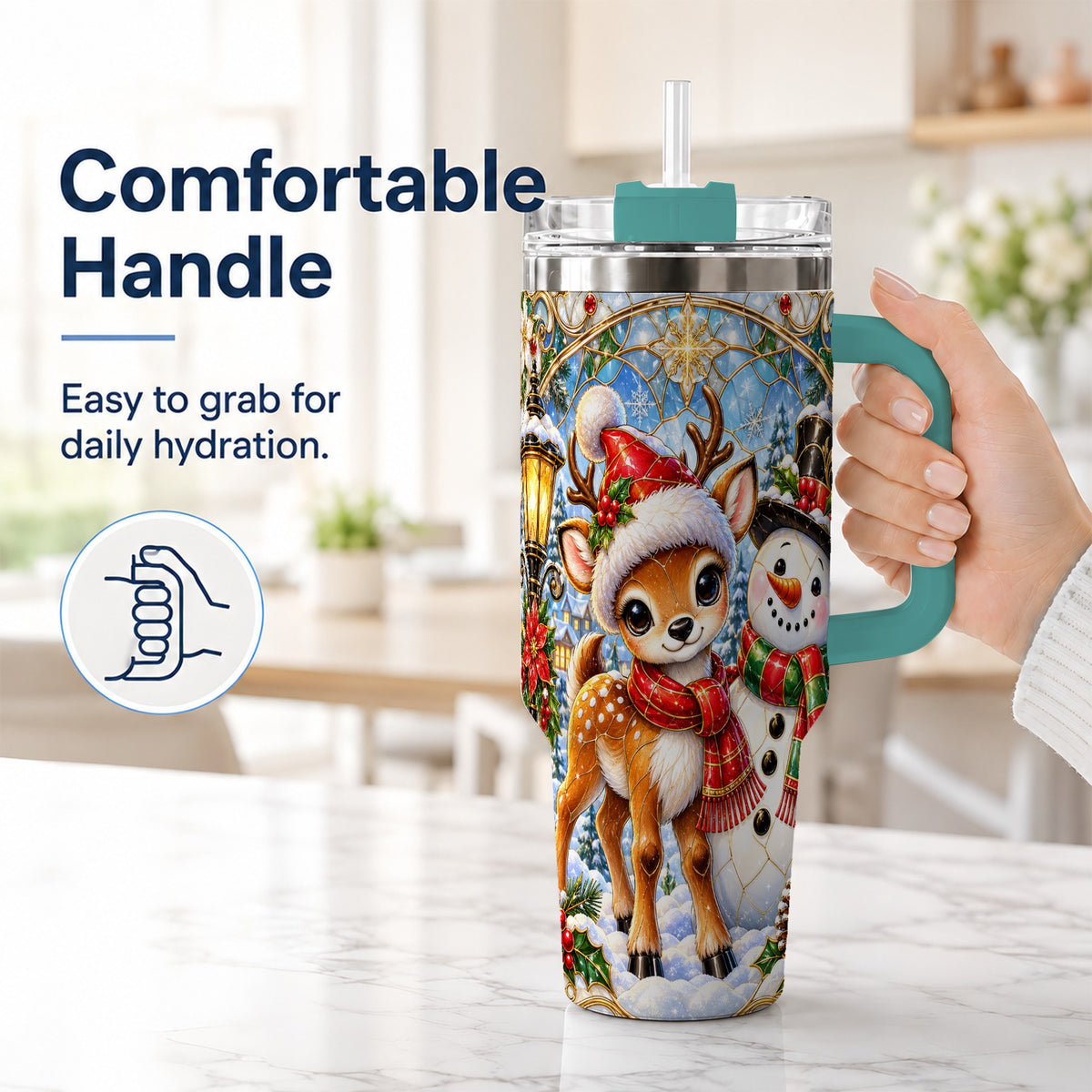 #pl[40oz|Green] Reindeer Snowman 40oz Tumbler with Handle, Winter Travel Cup