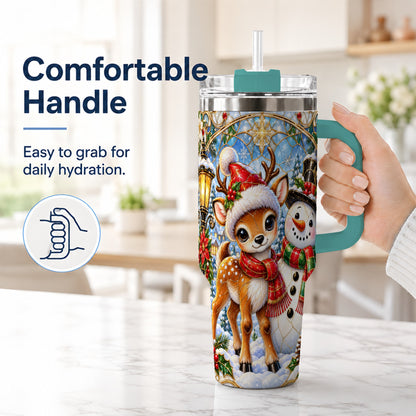 #pl[40oz|Green] Reindeer Snowman 40oz Tumbler with Handle, Winter Travel Cup