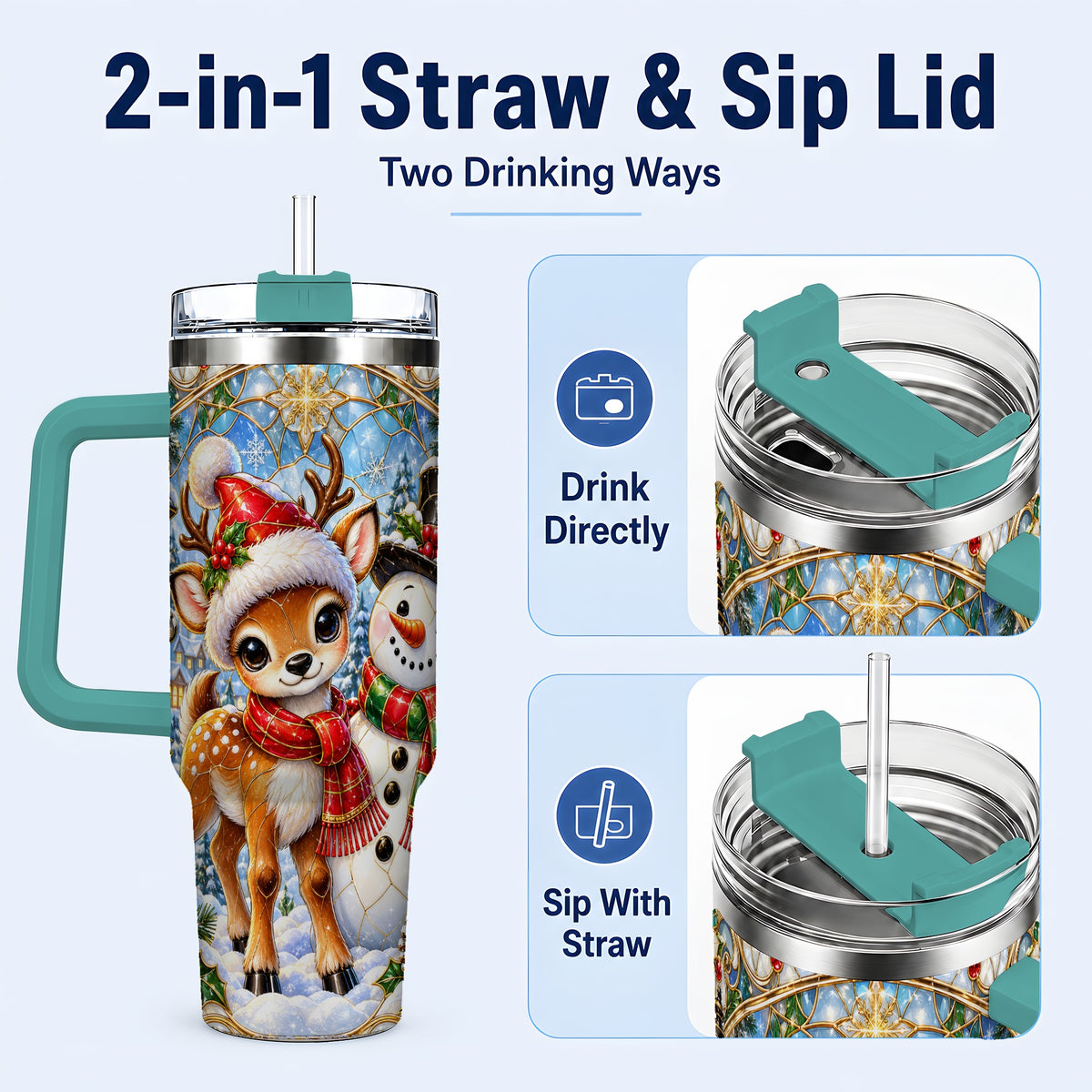 #pl[40oz|Green] Reindeer Snowman 40oz Tumbler with Handle, Winter Travel Cup