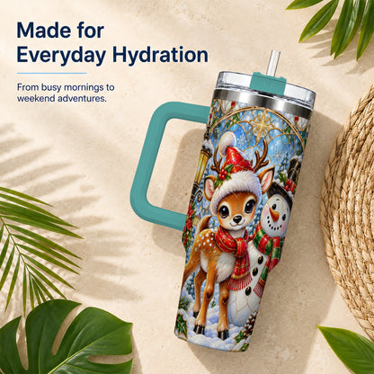 #pl[40oz|Green] Reindeer Snowman 40oz Tumbler with Handle, Winter Travel Cup