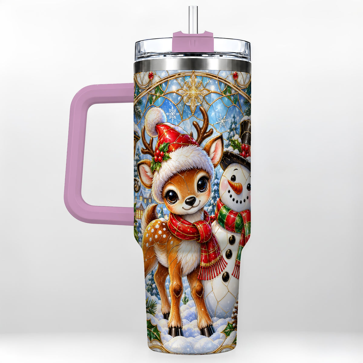 #pl[40oz|Pink] Reindeer Snowman 40oz Tumbler with Handle, Winter Travel Cup