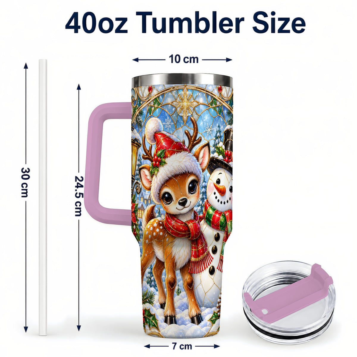 #pl[40oz|Pink] Reindeer Snowman 40oz Tumbler with Handle, Winter Travel Cup