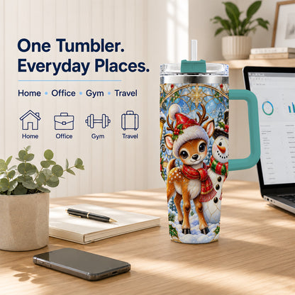 #pl[40oz|Green] Reindeer Snowman 40oz Tumbler with Handle, Winter Travel Cup