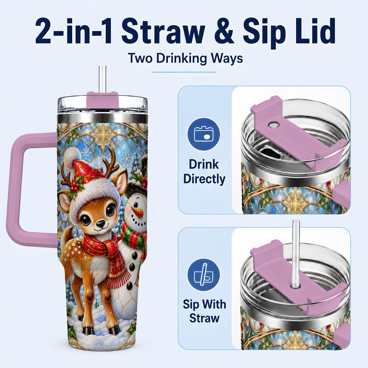 #pl[40oz|Pink] Reindeer Snowman 40oz Tumbler with Handle, Winter Travel Cup