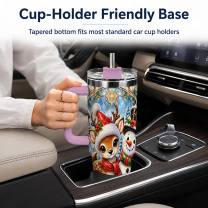 #pl[40oz|Pink] Reindeer Snowman 40oz Tumbler with Handle, Winter Travel Cup