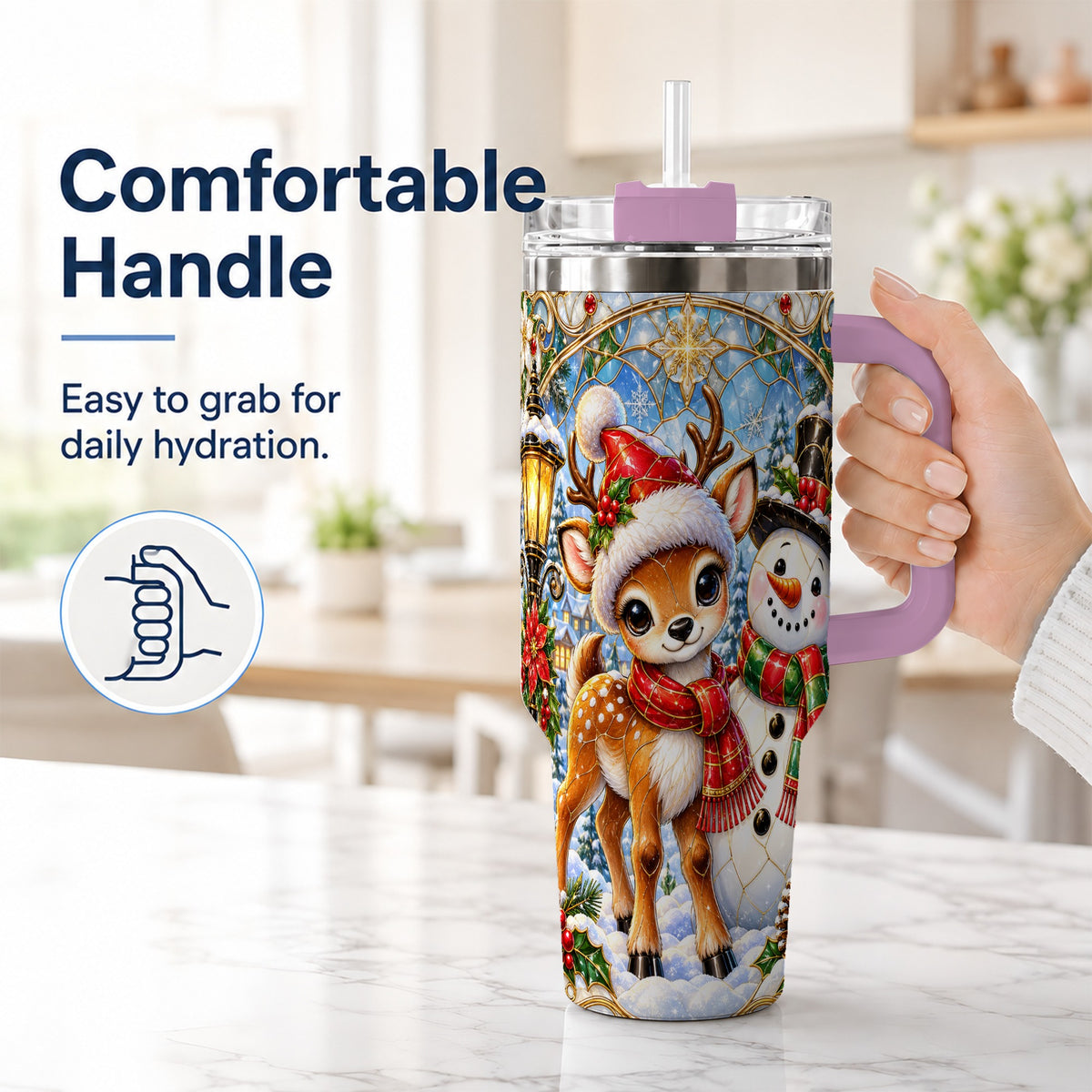 #pl[40oz|Pink] Reindeer Snowman 40oz Tumbler with Handle, Winter Travel Cup